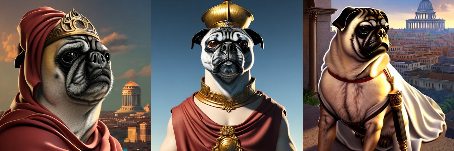 Portrait of puggieace dog as a Roman Emperor, city in background, ultra realistic, intricate details, eerie, highly detailed, photorealistic, octane render, 8 k, unreal engine. art by artgerm and greg rutkowski and charlie bowater and magali villeneuve and alphonse mucha